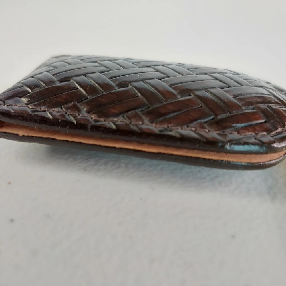 Vtg Fossil Leather Money Clip Magnetic with basketweave leather Design Brown